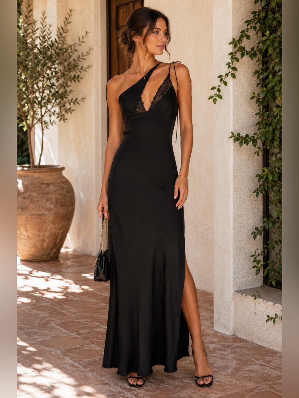 Bardot Black Lace Asymmetric Draped Maxi Slip Dress US 6 M